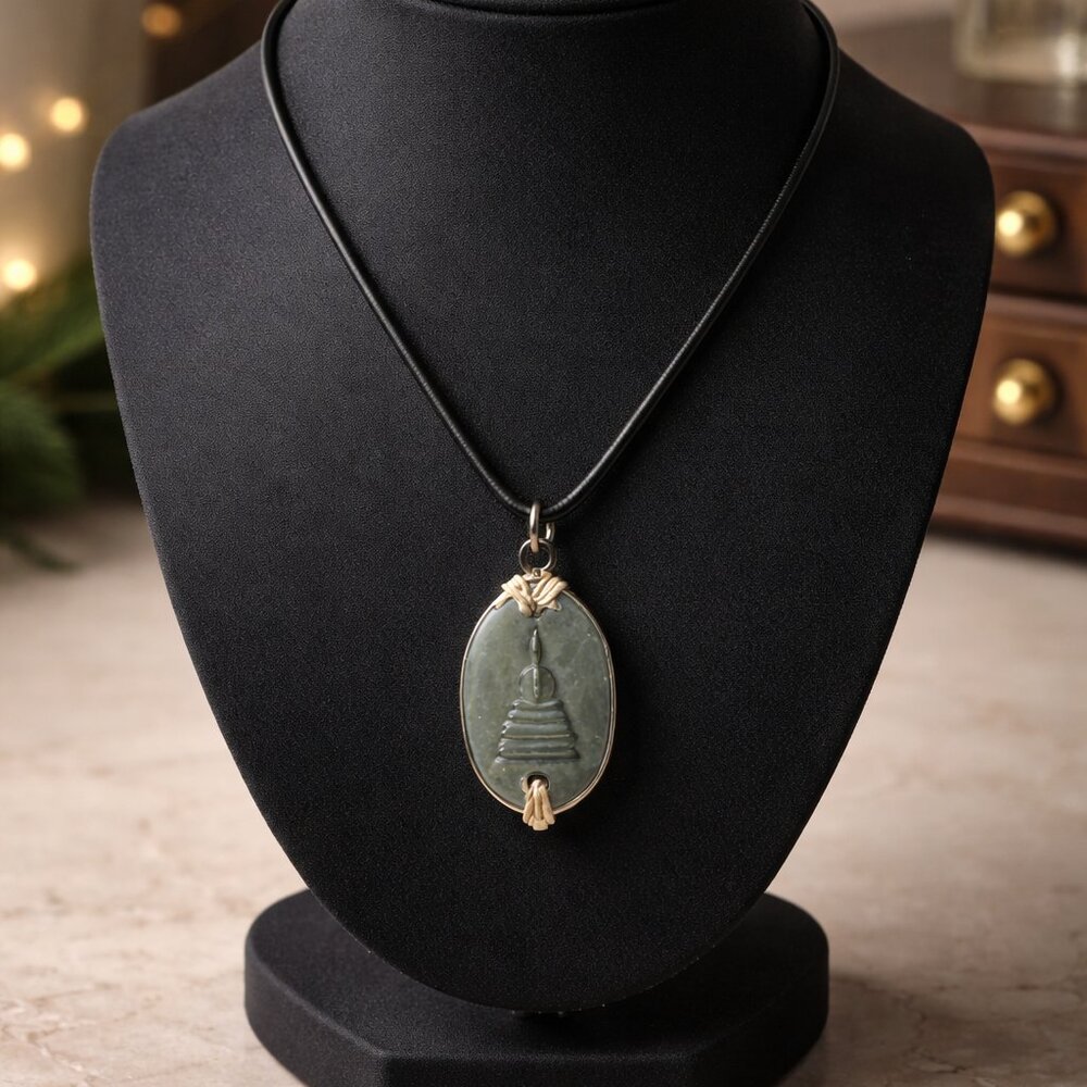Oval Stupa Pendant with Black Twine Wrap  -‎ New
